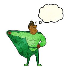 funny cartoon superhero with thought bubble N3