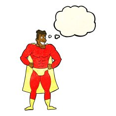 cartoon superhero with thought bubble N6