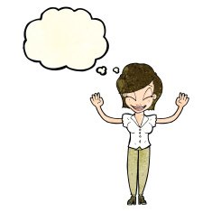 cartoon pretty woman with hands in air thought bubble N4