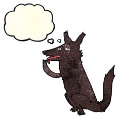 cartoon wolf licking paw with thought bubble N2