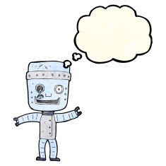 cartoon funny old robot with thought bubble N4