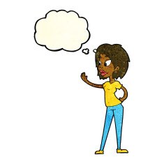 cartoon woman waving with thought bubble N124