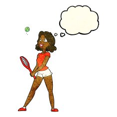 cartoon woman playing tennis with thought bubble N2
