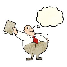 cartoon happy boss with file thought bubble N4