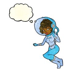 cartoon space woman with thought bubble N10