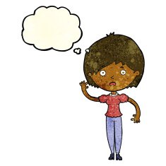 cartoon waving woman with thought bubble N55