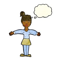 cartoon woman shrugging shoulders with thought bubble N181