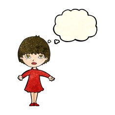 cartoon woman in dress with thought bubble N15
