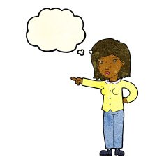 cartoon woman pointing with thought bubble N79