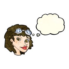 cartoon happy woman wearing aviator goggles with thought bubble N4