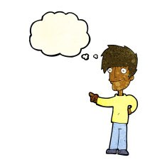 cartoon man pointing with thought bubble N70