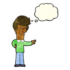 cartoon man pointing with thought bubble N71