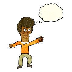 cartoon man waving with thought bubble N10