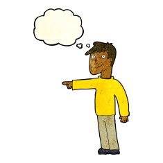 cartoon man pointing with thought bubble N72