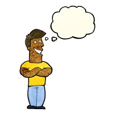 cartoon grinning man with thought bubble N32