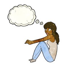 cartoon happy woman sitting with thought bubble N6