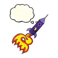 cartoon space rocket with thought bubble N8