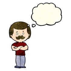 cartoon manly mustache man with thought bubble N4