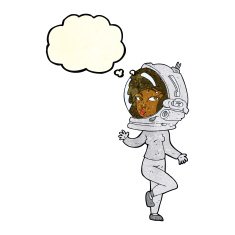 cartoon woman wearing space helmet with thought bubble N8