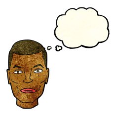 cartoon serious male face with thought bubble N4