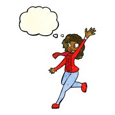 cartoon woman waving dressed for winter with thought bubble N4