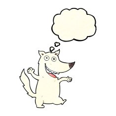 cartoon happy wolf with thought bubble N7