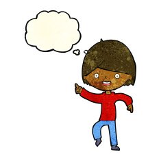cartoon man pointing with thought bubble N75