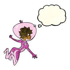 cartoon space woman with thought bubble N11