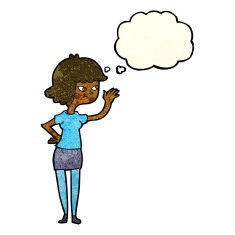 cartoon friendly girl waving with thought bubble N4