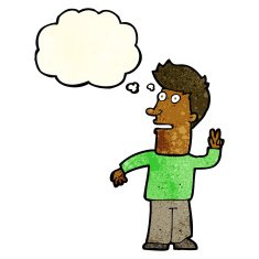cartoon man making peace sign with thought bubble N4