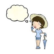 cartoon woman in summer hat waving with thought bubble N4