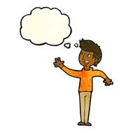 cartoon man waving with thought bubble N12