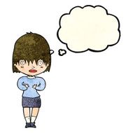 cartoon woman making Who Me? gesture with thought bubble N16