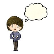 cartoon woman making Who Me? gesture with thought bubble N17