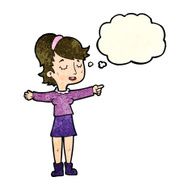 cartoon happy woman pointing with thought bubble N26