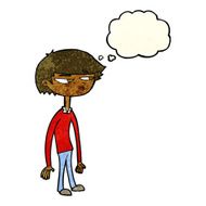 cartoon suspicious boy with thought bubble N4