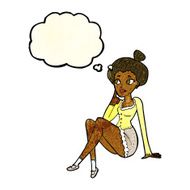 cartoon attractive woman sitting thinking with thought bubble N3