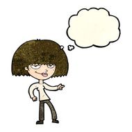 cartoon happy woman pointing with thought bubble N27