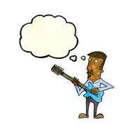 cartoon man playing electric guitar with thought bubble N7