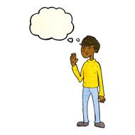 cartoon waving man with thought bubble N16