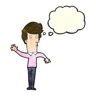 cartoon nervous man waving with thought bubble N7