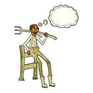 cartoon old farmer leaning on fence with thought bubble N3