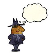 cartoon man in coat and hat with thought bubble N4