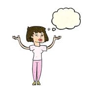 cartoon woman holding up hands with thought bubble N7