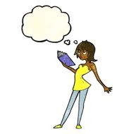 cartoon woman reading book with thought bubble N4