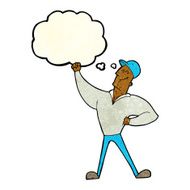 cartoon man striking heroic pose with thought bubble N4