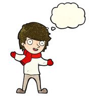 cartoon boy in winter clothes with thought bubble N3