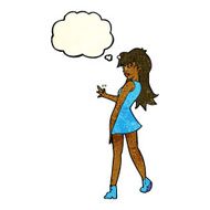 cartoon woman posing in dress with thought bubble N15