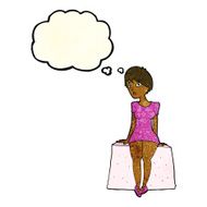 cartoon curious woman sitting with thought bubble N4