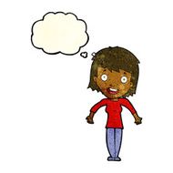 cartoon woman shrugging shoulders with thought bubble N191